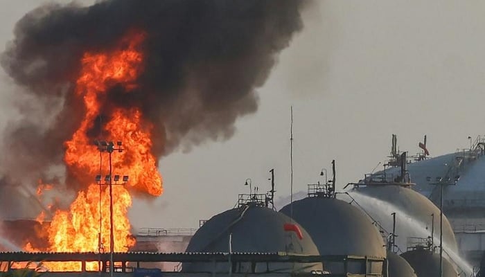 Flames and smoke rise from a facility belonging to Saudi oil giant Aramco south of Riyadh on October 3, 2026.— AFP