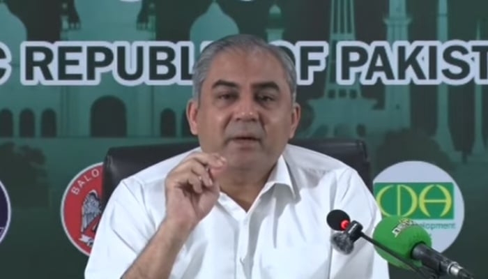 Interior Minister Mohsin Naqvi addresses a press conference in Lahore, October 4, 2026. — Screengrab via YouTube/Geo News
