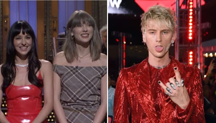 Taylor Swift joins Dakota Johnson on stage during her Saturday Night Live monologue