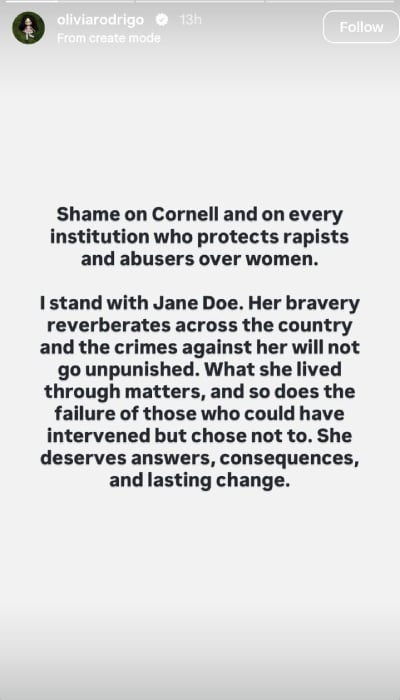 Olivia Rodrigo demands answers in Cornell rape case: I stand with Jane Doe