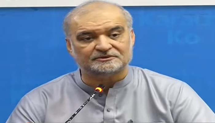 Jamaat-e-Islami (JI) chief Hafiz Naeemur Rehman addresses press conference in Karachi on October 5, 2026. — Screengrab via Geo News