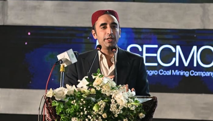 Pakistan Peoples Party Chairman Bilawal Bhutto Zardari addresses inauguration ceremony of Thar Coal Phase III in Thar on October 5, 2026. — Facebook/Bilawalhouse