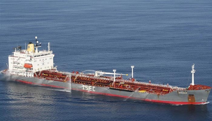 the Biscaglia, a Liberia-flagged oil and chemical tanker ship is pictured after being hijacked, on November 28, 2008, in the Gulf of Aden. — AFP