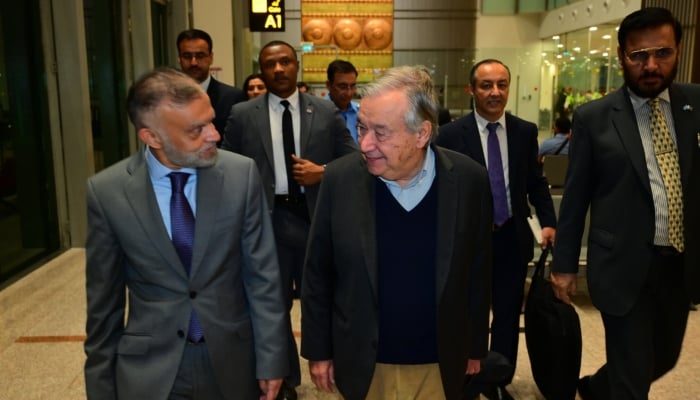 United Nations Secretary-General Antonio Guterres coming out of the Islamabad airport on October 6, 2026. — X@ForeignOfficePk