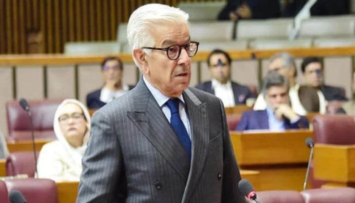 Defence Minister Khawaja Asif speaks in National Assembly in this undated photo — APP/File