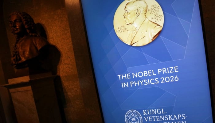 A sign at the Royal Swedish Academy of Sciences ahead of the announcement of the Nobel Prize in Physics, in Stockholm, Sweden, October 6, 2026. — Reuters