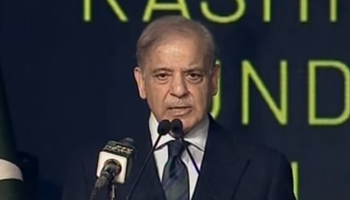 Prime Minister Shehbaz Sharif addresses an event in Islamabad, October 6, 2026. — Screengrab via YouTube/Geo News