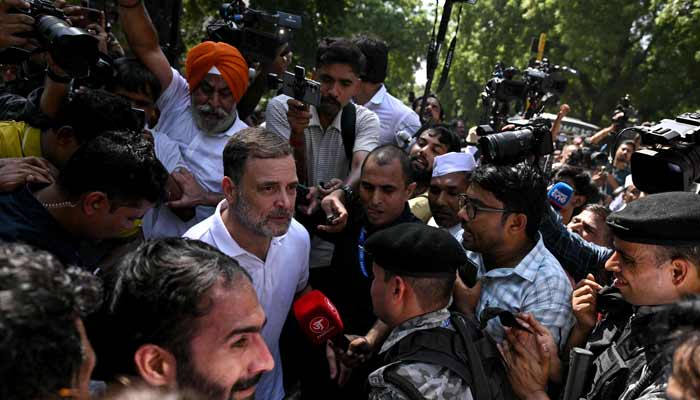 Indian National Congress (INC) party leader Rahul Gandhi (centre) takes part in a protest march by the opposition alliance India bloc (Indian National Developmental Inclusive Alliance) in New Delhi on October 6, 2026. — AFP
