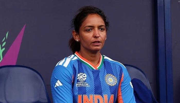 India womens captain Harmanpreet Kaur looks dejected after the ICC Womens T20 World Cup match against Australia at Lords Cricket Ground on June 28, 2026, in London, England. — ICC