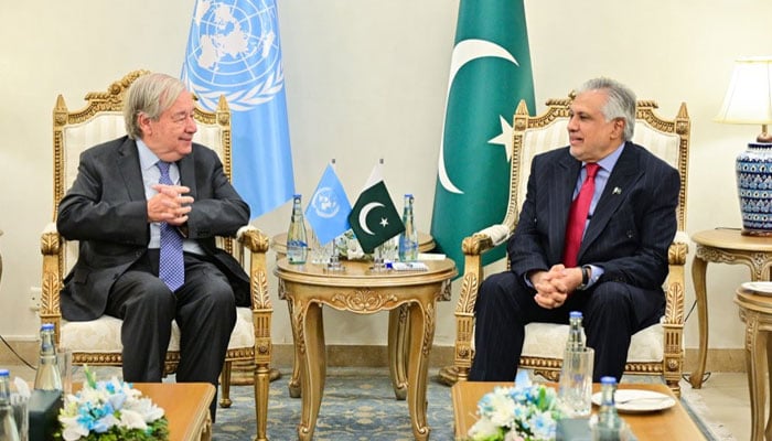 UN Secretary-General António Guterres meets Deputy Prime Minister and Foreign Minister Senator Mohammad Ishaq Dar in Islamabad on October 6, 2026. — X/ @ForeignOfficePk