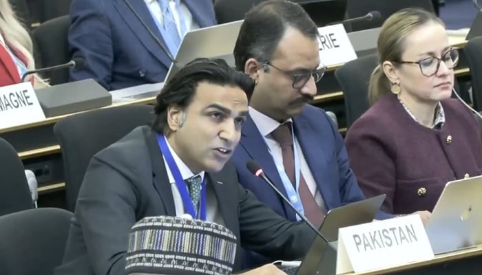 First Secretary Adeel Mumtaz Khokhar speaks at the 63rd session of the Human Rights Council in Geneva. — Screengrab via X/@PakUN_Geneva