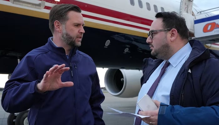 US Vice President JD Vance is interviewed by Reuters reporter Jacob Bogage before a campaign rally at Fairbanks International Airport in Fairbanks, Alaska, US, October 5, 2026.— Reuters