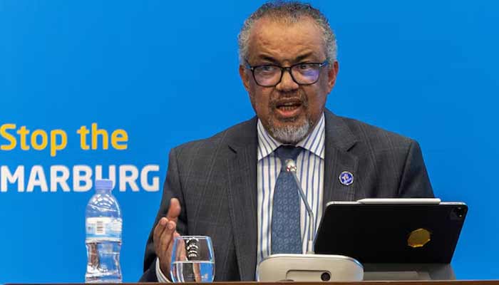 World Health Organization Director-General Tedros Adhanom Ghebreyesus addresses a press conference on the Marburg virus outbreak at the Kigali Convention Center in Kigali, Rwanda, October 20, 2024.— Reuters