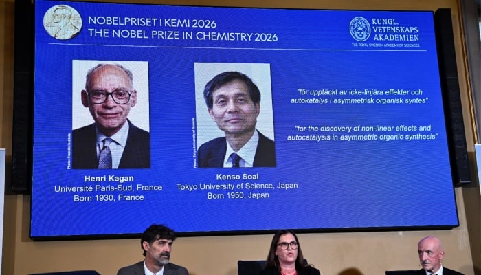 Henri Kagan and Kenso Soai are awarded the 2026 Nobel Prize in Chemistry during a press conference at the Royal Swedish Academy of Sciences in Stockholm, Sweden, October 7, 2026. — Reuters