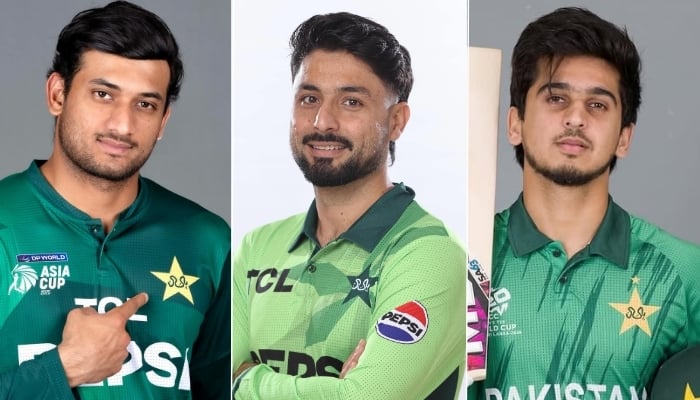 This collage shows Pakistans Hasan Nawaz (left), Abrar Ahmed (centre) and Saim Ayub. — Instagram/abrarahmedpak01/hassannawaz077/instagram/saimayubb