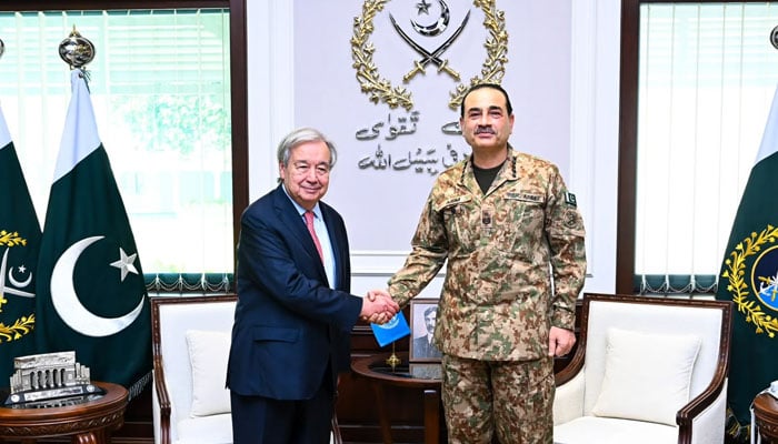 United Nations Secretary-General Antonio Guterres calls on Chief of Defence Forces and Chief of Army Staff Field Marshal Syed Asim Munir at the General Headquarters, Rawalpindi, on October 7, 2026. — ISPR