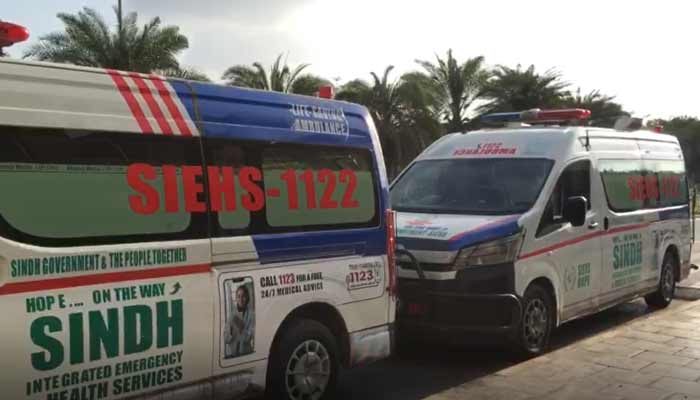 Ambulances parked outside the Jinnah International Airport upon the arrival of crew members of the hijacked tanker. — GeoNews