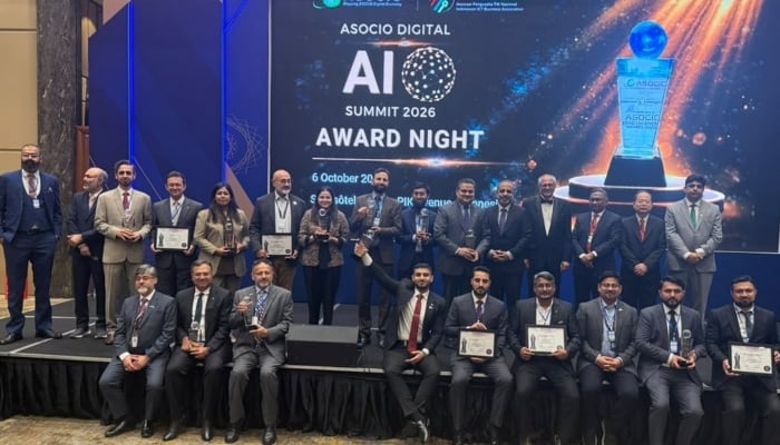 The image shows recipients posing on stage with their certificates and trophies during the Asocio Digital & AI Summit 2026 Award Night, held on October 6, 2026, at the Swissôtel Jakarta PIK Avenue in Jakarta, Indonesia. — X@PASHAORG