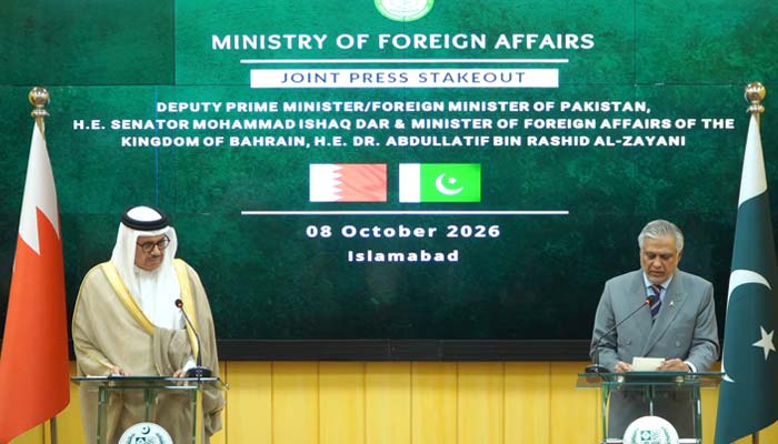 Deputy Prime Minister and Foreign Minister Ishaq Dar (right) and Bahrains FM Abdullatif bin Rashid Al Zayani are addressing a joint press briefing in Islamabad on Oct 8, 2026. — Screengrab via ForeignOfficePk
