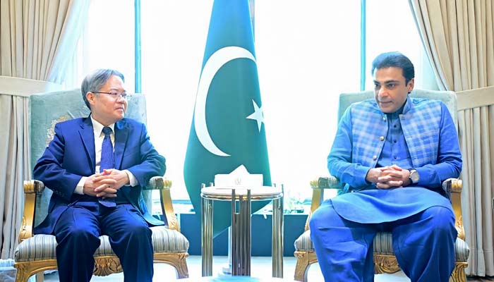 PML-N leader Hamza Shehbaz (right) and Chinese Ambassador to Pakistan Jiang Zaidong hold a meeting at PM Office in Islamabad on October 8, 2026. — X/@HamzaShahbazPK