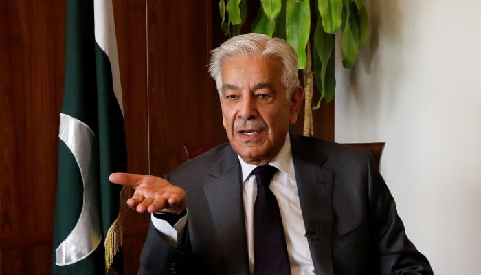 Defence Minister Khawaja Muhammad Asif speaks during an interview with Reuters in Islamabad, October 20, 2025. — Reuters