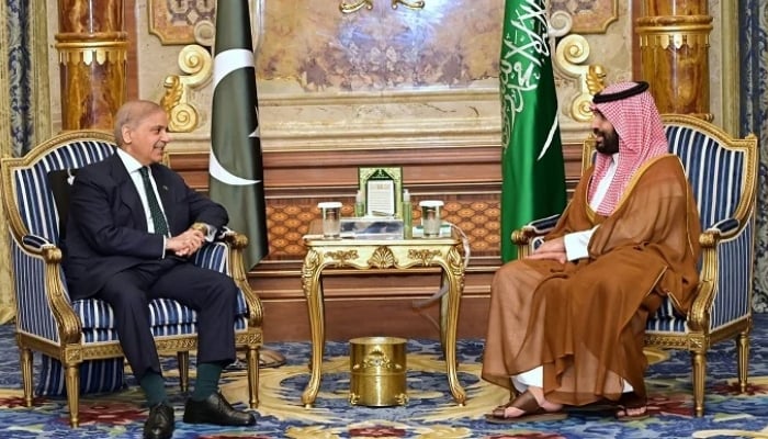 Prime Minister Shehbaz Sharif (left) speaks to Saudi Crown Prince Mohammed bin Salman during a meeting in Jeddah, Saudi Arabia, April 15, 2026. —X@PakPMO