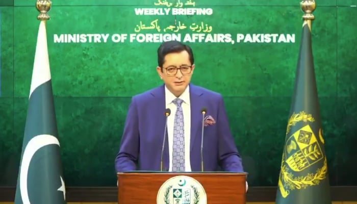 Foreign Office Spokesperson Ambassador Sajjad Haider Khan addresses weekly press briefing in Islamabad on October 9, 2026. — X@ForeignOfficePk