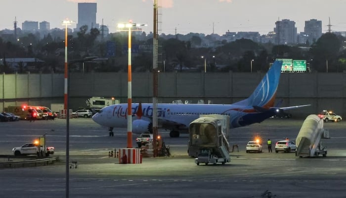 A plane, carrying passengers who were on the FlyDubai aircraft bound for Israel from the United Arab Emirates, which was diverted to Saudi Arabia following an emergency signal, on the tarmac as it arrives at the Ben Gurion International Airport, in Lod, near Tel Aviv, Israel, September 30, 2026. — Reuters