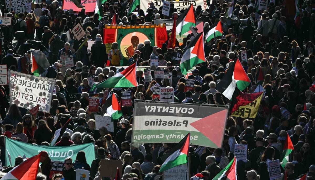 People take part in a National March in support of Palestine, organised by Palestine Solidarity Campaign, in central London on October 10, 2026. — AFP