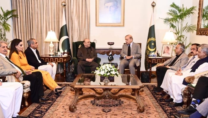 President Asif Ali Zardari (fourth left), Prime Minister Shehbaz Sharif (fourth right) and others present during a meeting in Islamabad on October 10, 2026. — PID