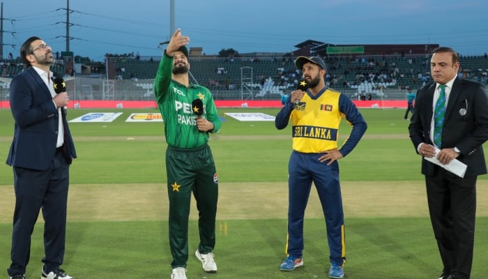 Pakistan captain Sahibzada Farhan (second left) and Sri Lanka skipper Kusal Mendis (second right) present for toss of second T20I at Rawalpindi Cricket Stadium on October 11, 2026. — PCB