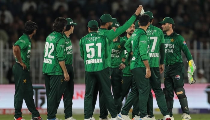 Pakistani players celebrate after taking a wicket during their second T20I against Sri Lanka at the Rawalpindi Cricket Stadium in Rawalpindi on October 11, 2026. — PCB