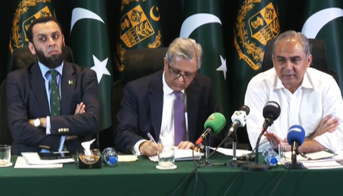 (From left) Information Minister Attaullah Tarar, Law Minister Azam Nazeer Tarar, and Interior Minister Mohsin Naqvi during a press conference in Islamabad, on October 11, 2026. — Geo News