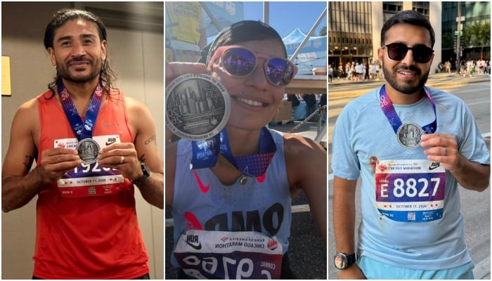 (From left to right) Pakistani runners Nizar Nayani, Basherri Anjum, and Hamad Ali after receiving medals at the Chicago Marathon 2026. — Reporter
