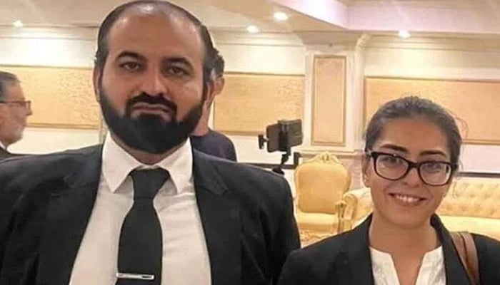 Rights activist Imaan Mazari pictured with her husband Advocate Hadi Ali Chattha. — X@AsadAToor