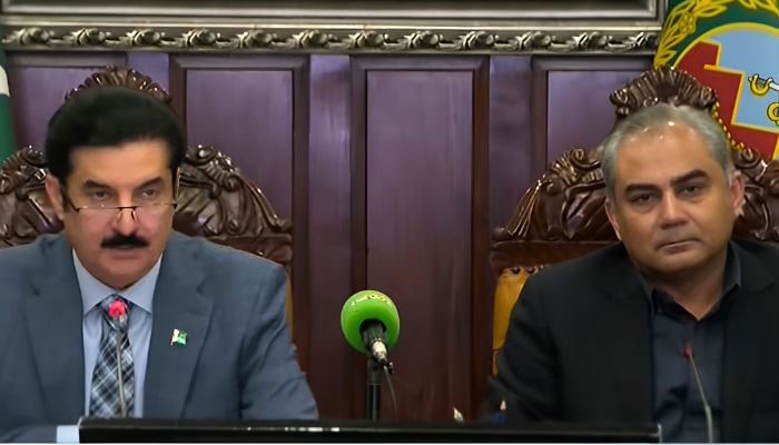 Khyber Pakhtunkhwa Governor Faisal Karim Kundi (left) and Interior Minister Mohsin Naqvi address a joint press conference following a provincial apex committee meeting on October 12, 2026. — YouTube/Geo News/screengrab