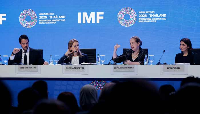 IMF Communications Officer Jose Luis De Haro, Director of the Research Department at the IMF Silvana Tenreyro, Deputy Director of the Research Department at the IMF Petya Koeva-Brooks and Division Chief at the Research Department of the IMF Deniz Igan attend a press briefing during the IMF/World Bank 2026 Annual Meetings at Queen Sirikit National Convention Center (QSNCC) in Bangkok, Thailand, October 13, 2026. — Reuters