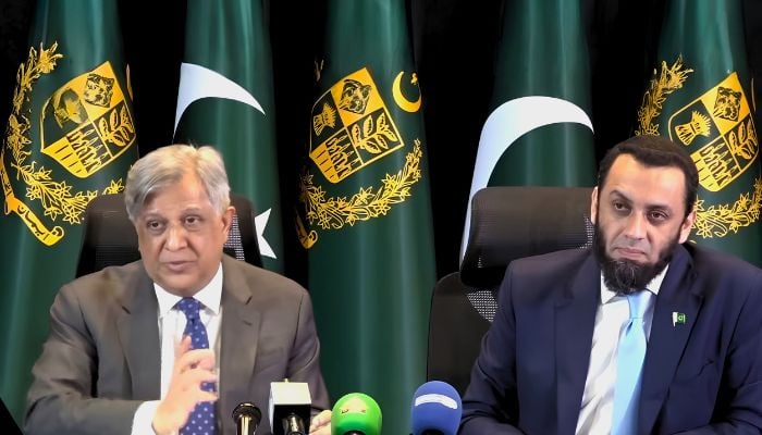 Law Minister Azam Nazeer Tarar (left) speaks during a media briefing alongside Information Minister Attaullah Tarar in Islamabad, October 13, 2026. — Screengrab via YouTube/Geo News