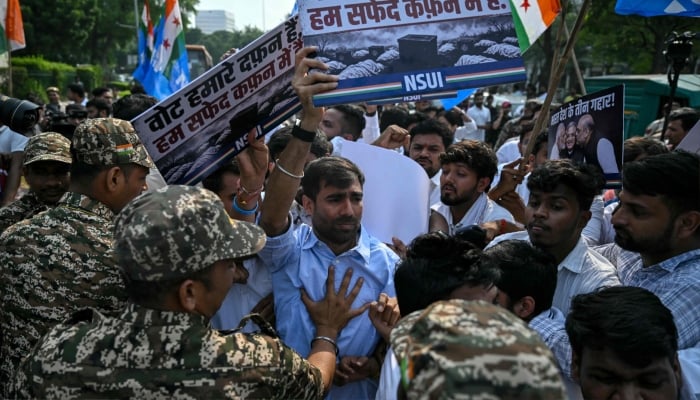 Student activists protest demanding the resignation of the nations Chief Election Commissioner Gyanesh Kumar over alleged voter roll irregularities linked to the special intensive revision (SIR), in New Delhi, India, October 13, 2026. — AFP