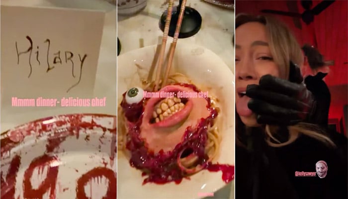 Hilary Duff screams as zombie grabs her face at spooky Halloween party