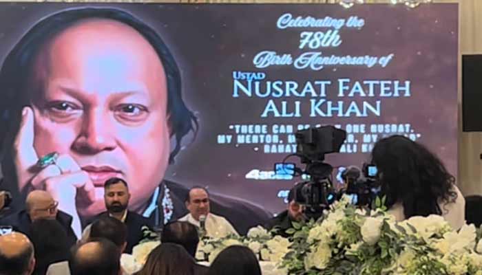 Rahat Fateh Ali Khan addresses the ceremony for the legendary Nusrat Fateh Ali Khan 78th birthday. — Minhaz Bashir