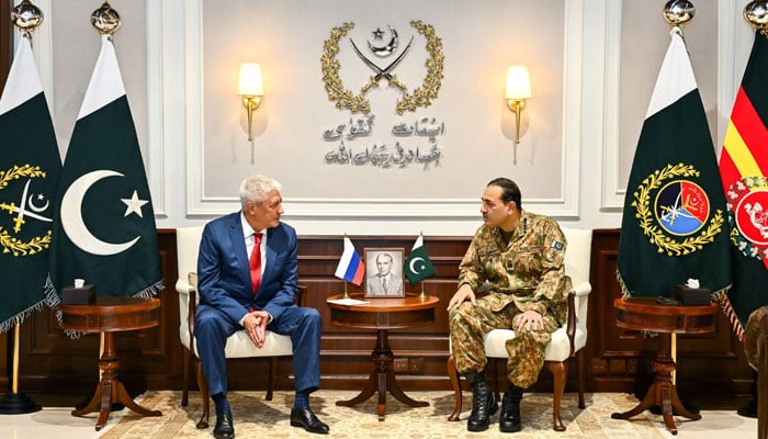 Russia’s Minister of Internal Affairs Vladimir Kolokoltsev (left) calls on Chief of Army Staff and Chief of Defence Forces Field Marshal Syed Asim Munir at General Headquarters (GHQ), Rawalpindi, on October 14, 2026. — ISPR