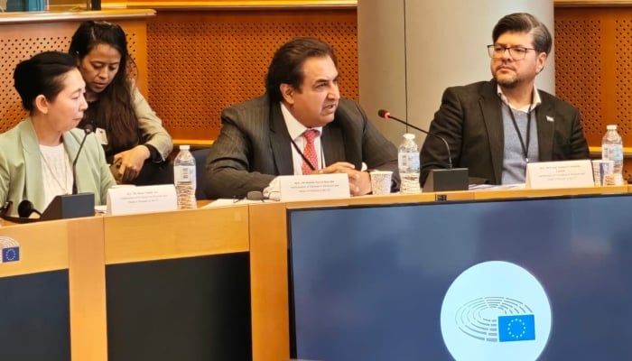 Pakistan’s Ambassador to Belgium, Luxembourg and the European Union, Rahim Hayat Qureshi, addresses European Parliament in Brussels, October 15, 2026. — X/@PakinBrussels