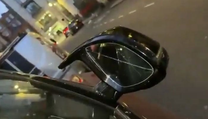 The side mirror of a car belonging to PML-N President and former prime minister Nawaz Sharif has been smashed by unidentified individuals in London. — X/@MurtazaViews