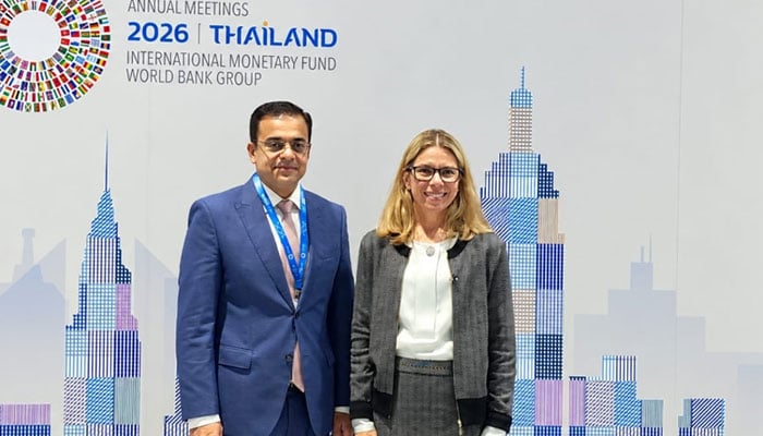Federal Minister for Economic Affairs AhadKhanCheema meets World Bank Group MD Operations, Anna Bjerde on the sidelines of the WBGMeetings 2026 in Bangkok today.— Photo via X/@eadgop