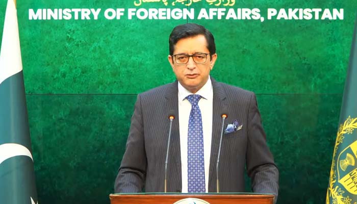 FO spokesperson Sajjad Haider Khan addresses the weekly press briefing on October 16, 2026. — Screengrab via Geo News
