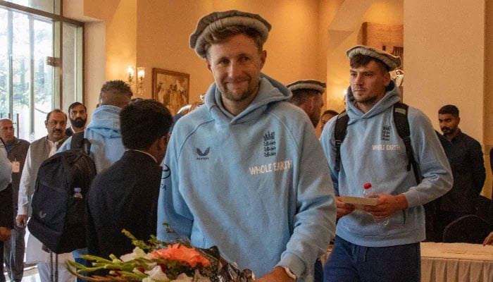 England batter Joe Root (centre) pictured upon arrival at a local hotel in Islamabad ahead of the ODI tri-series featuring Pakistan, England and Sri Lanka on October 16, 2026. — PCB
