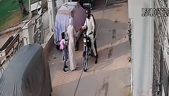 Robbers snatch valuables from a woman in Karachi on October 15, 2026. — Geo News