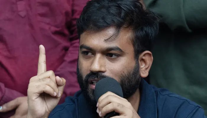 Abhijeet Dipke, founder of the Cockroach Janata Party (CJP) gestures as he addresses a press conference in New Delhi, India, October 15, 2026. — Reuters
