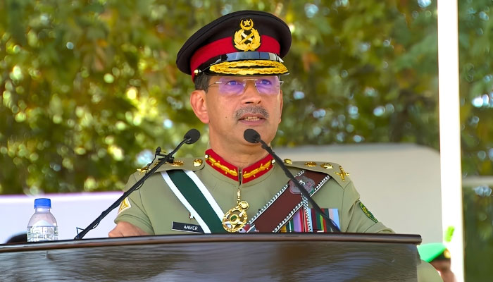 Commander National Strategic Command (CNSC) General Syed Aamer Raza is addressing the passing out ceremony at PMA Kakul on October 17, 2026. — Screengrab via Geo News